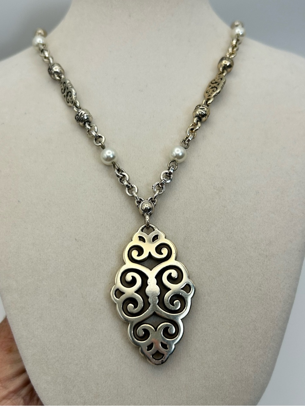 Brighton Geneva Pendant Necklace Silver Plated Faux Pearls Faded Gold Tone 20"